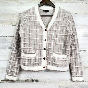 Tahari Beige Tan Plaid Knit Cardigan Sweater Gold Button Front Pockets Size M